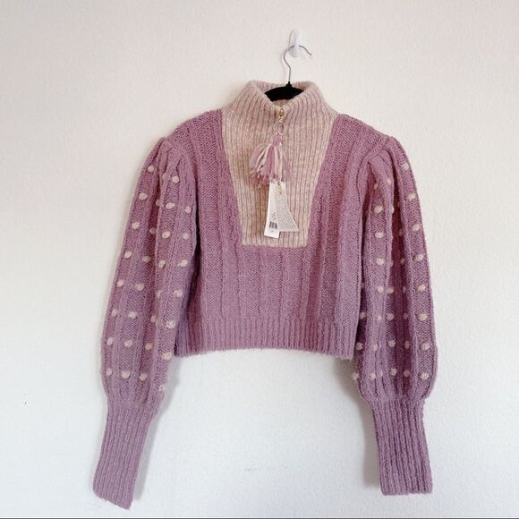 LoveShackFancy Jonae Cropped Mock Zip Up Sweater - Muscat Grape - Picture 9 of 12